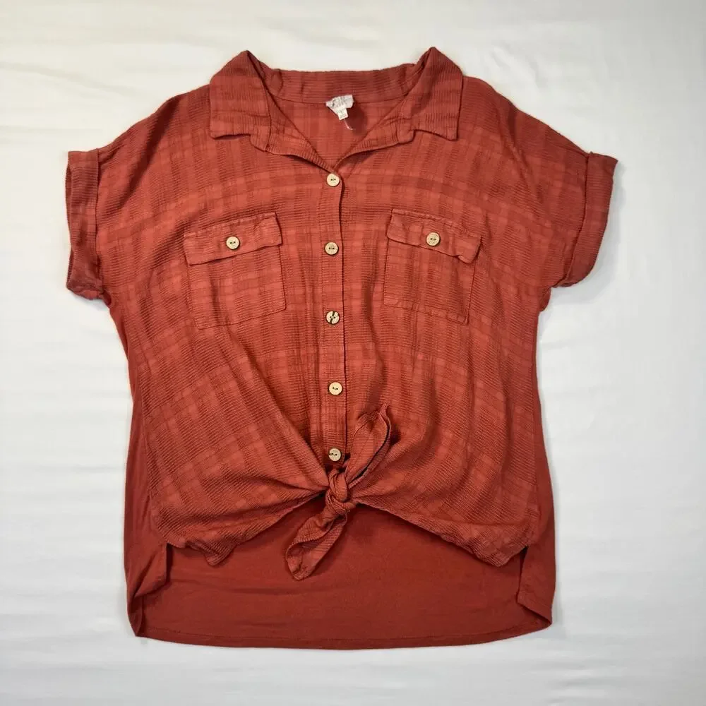 Naif Font-Tie Blouse Brick Red Terracotta Women’s Large Boho Peasant Utility - Picture 3 of 14
